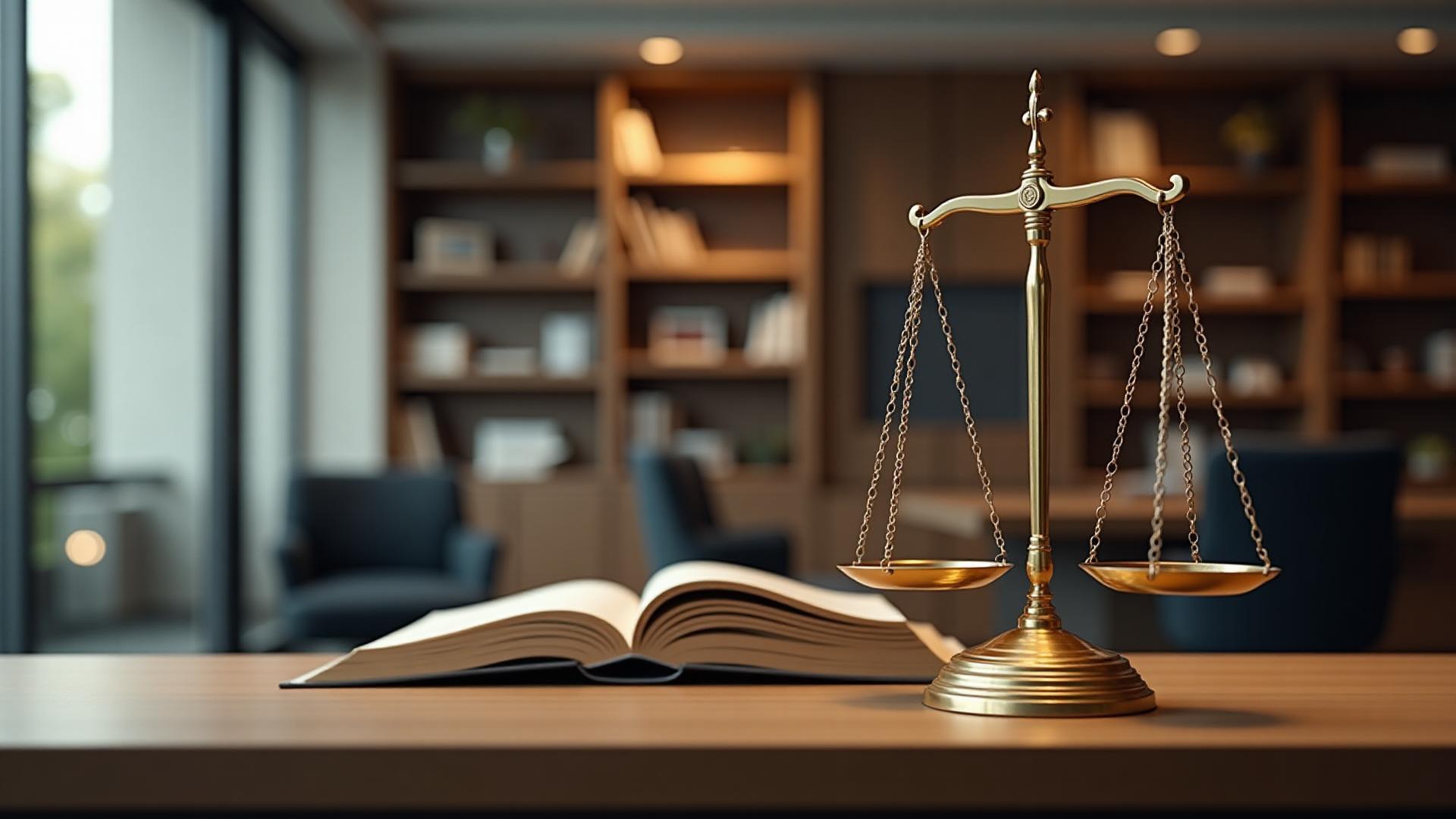 Legal library with law books and scales of justice